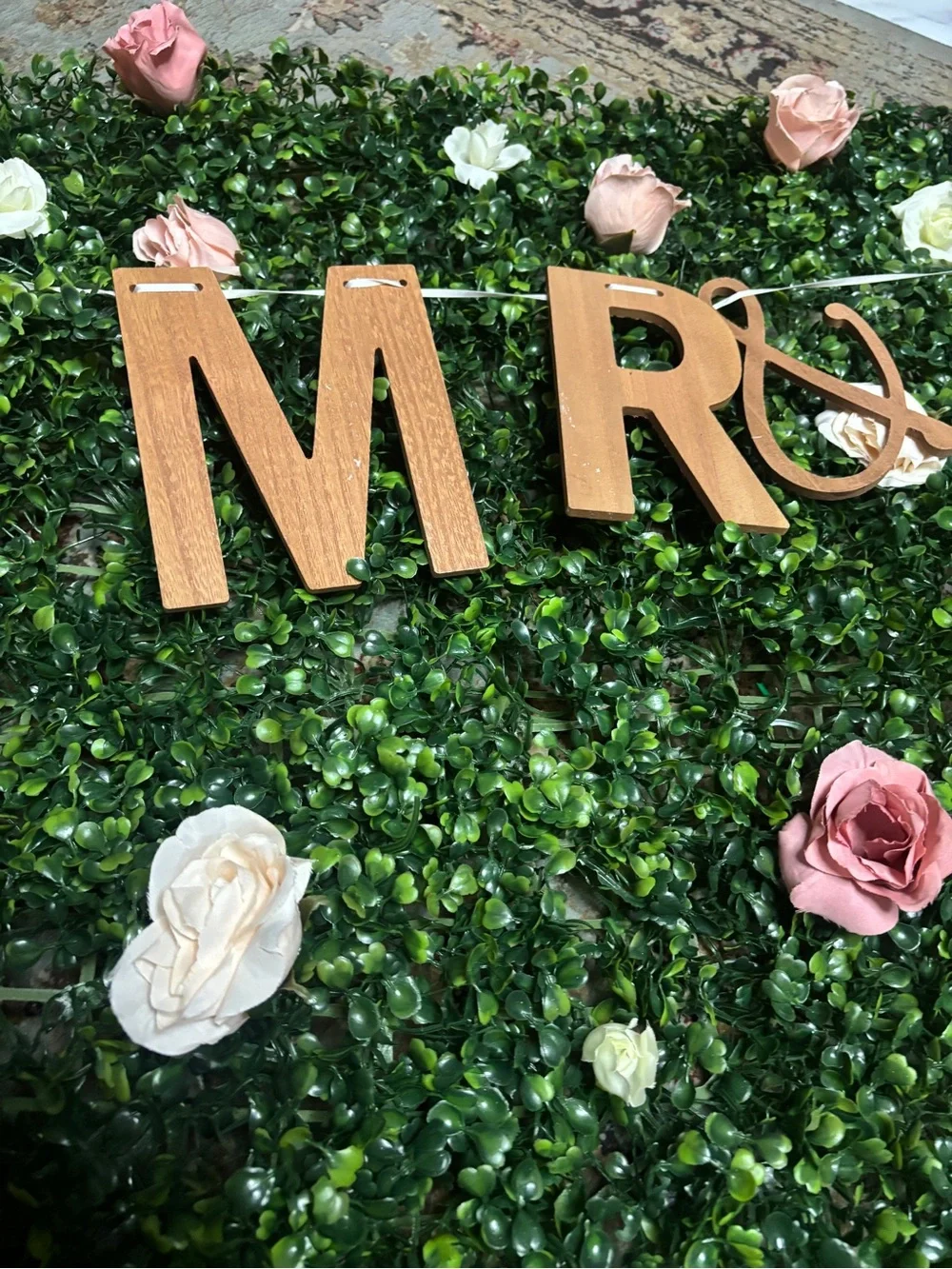 Green Boxwood Floral Wall Panel Mr and Mrs Wedding Bridal Shower